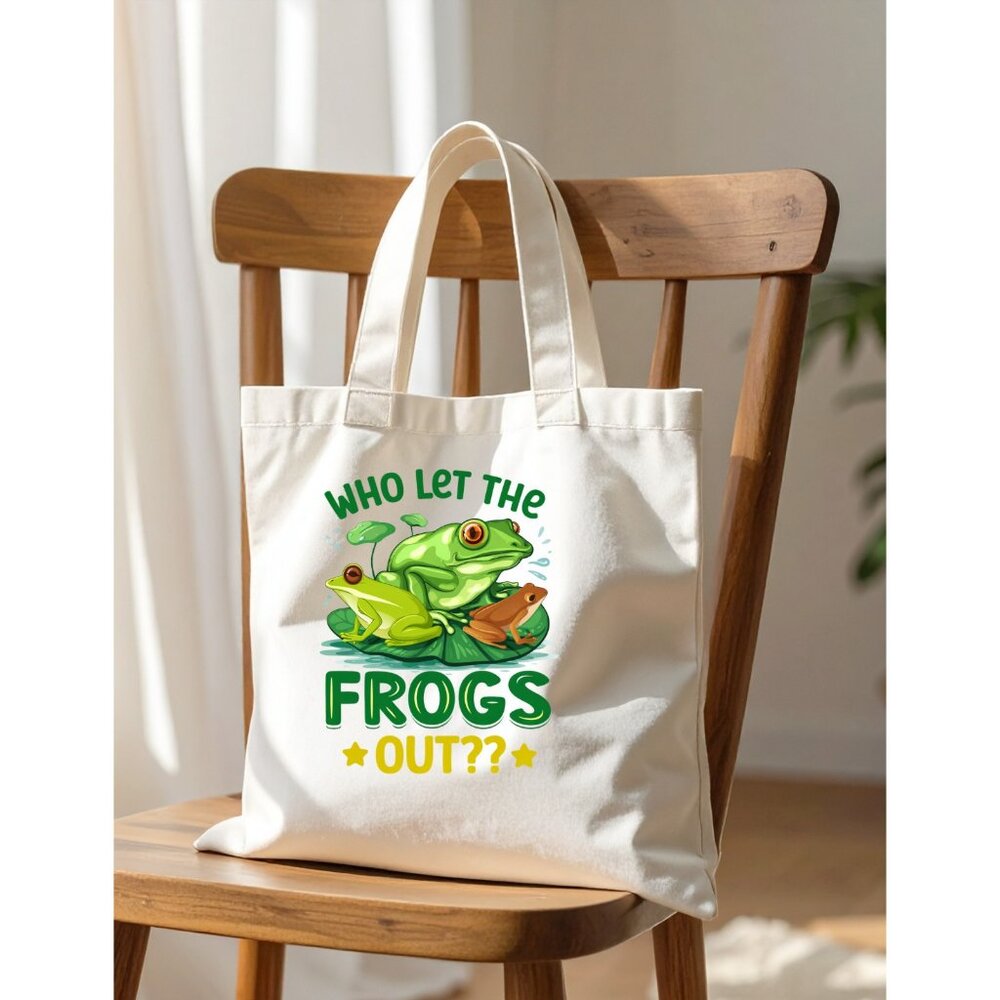 Who Let the Frogs Out Tote Bag Funny Frog Canvas Tote Reusable Gift Bag